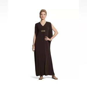 Chico’s Caftan MAXI DRESS Size 0 Brown Gold Tone Detail Oversized TRAVEL Coverup